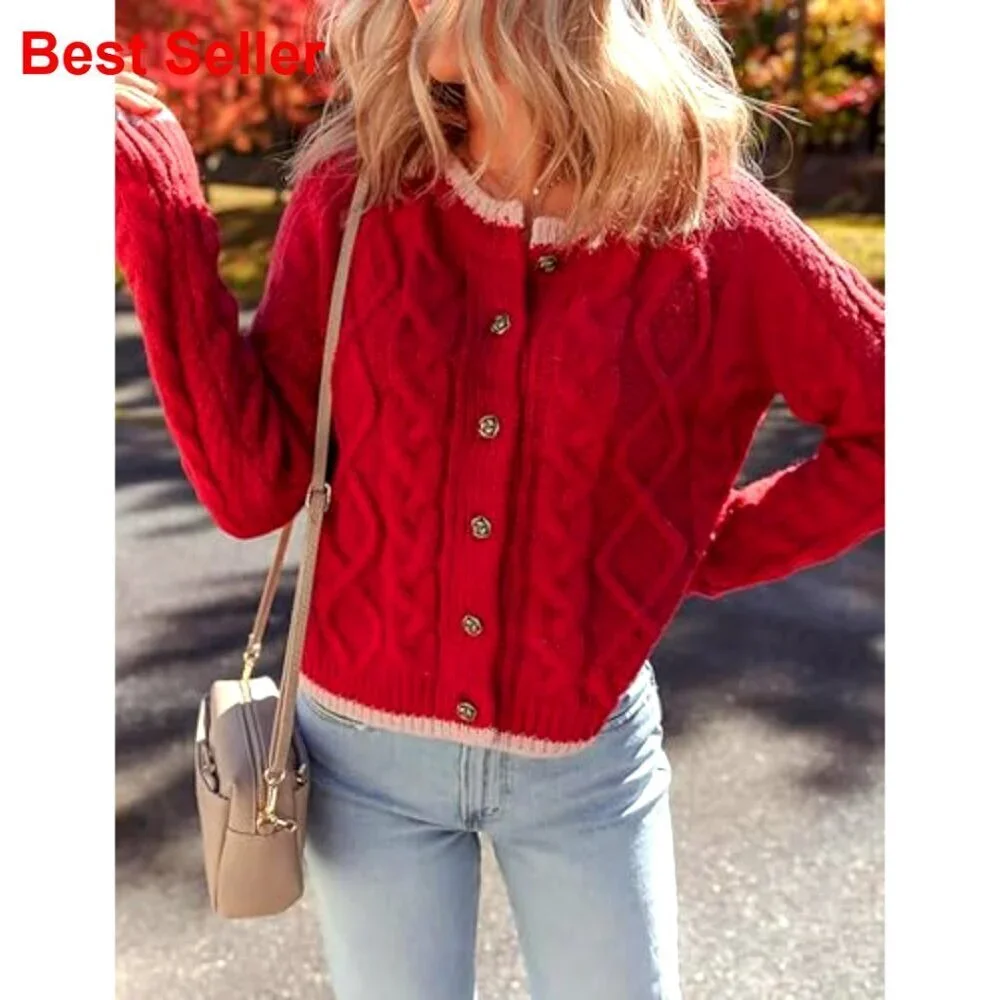 Long Sleeve Cable Knit Cardigan Button Front Round Neck Sweater Women's
